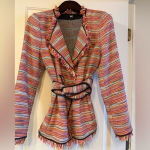 Like new. Vibrant, multi-hued blazer with fringed silhouette.